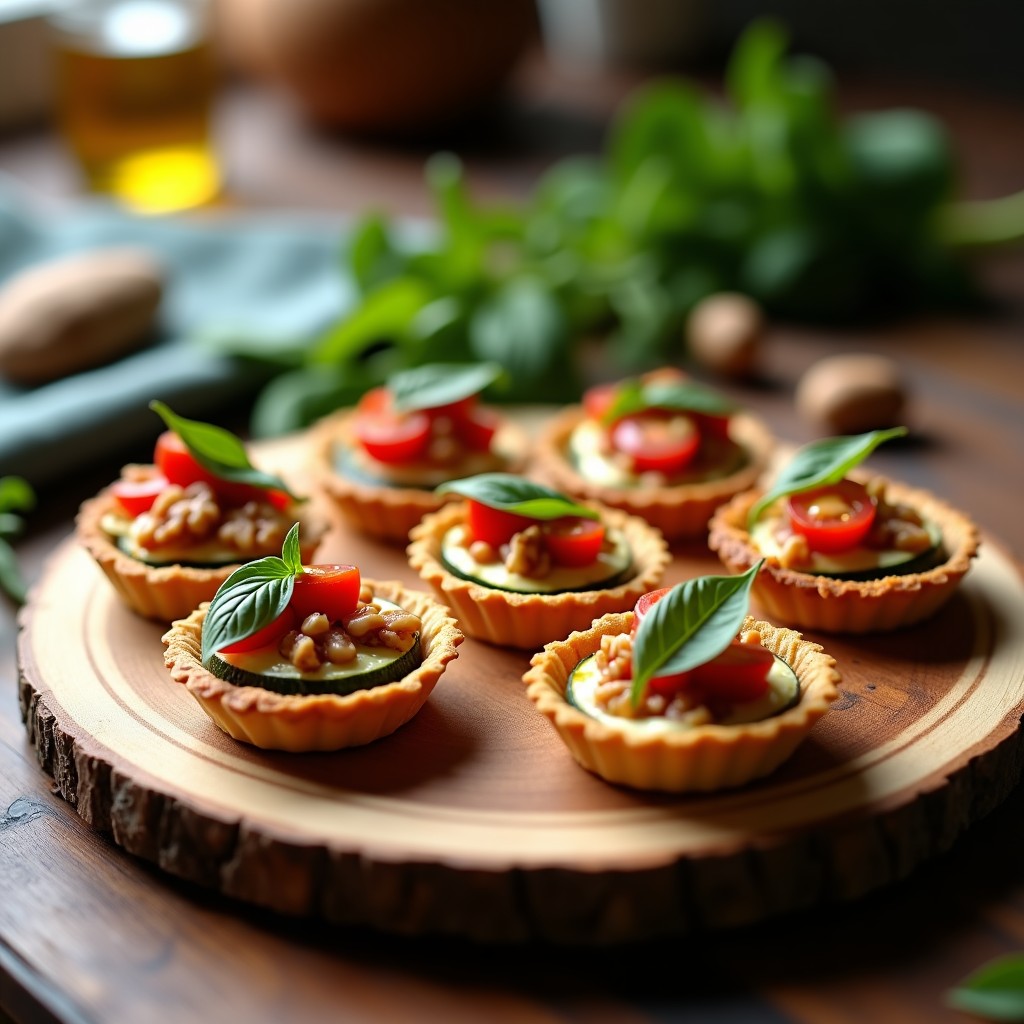 Tartaletas doradas de calabacín y queso de cabra al horno, con relleno cremoso, cebolla morada, tomates cherry y nueces picadas, servidas en bandeja rústica de madera.