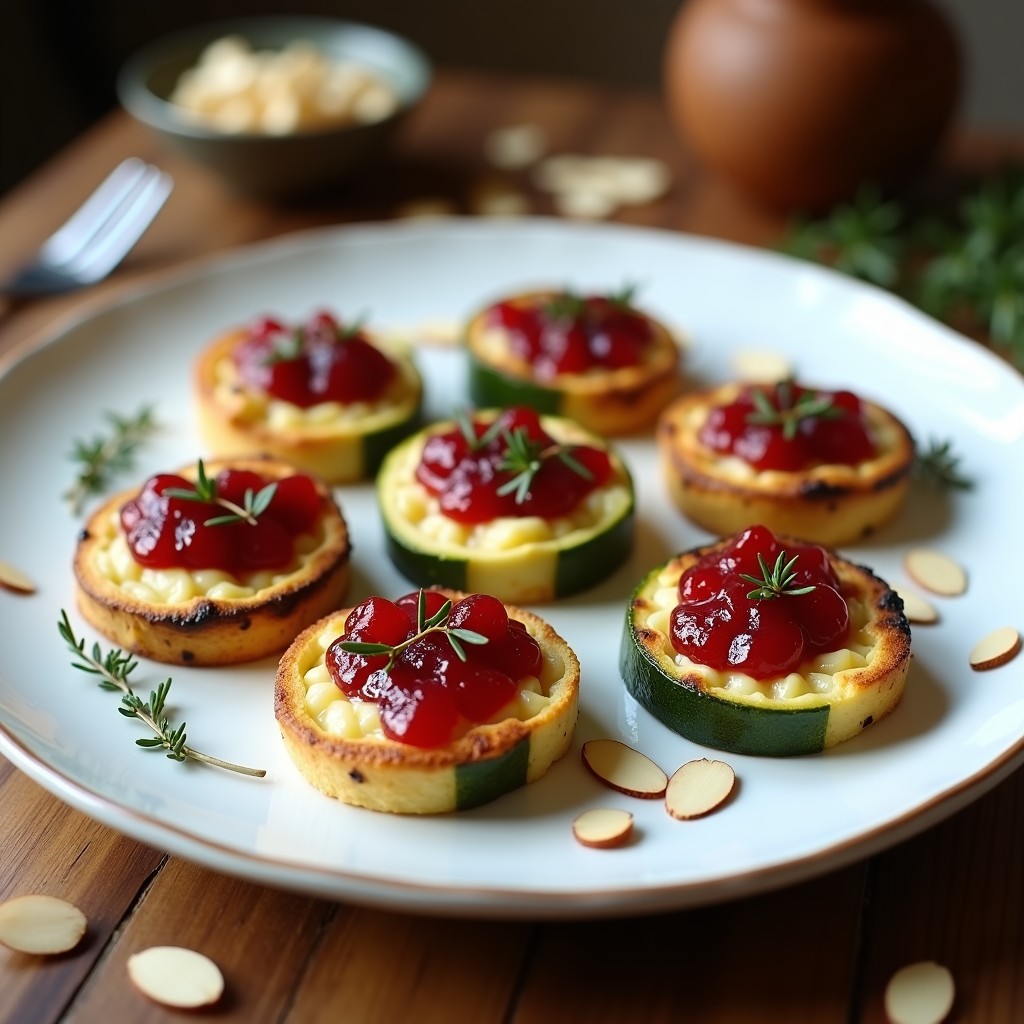 Tartaletas doradas de calabacín y queso de cabra con mermelada de arándanos en moldes individuales, servidas en un plato de cerámica blanca con hojas de romero y un chorrito de miel, receta griega en airfryer.