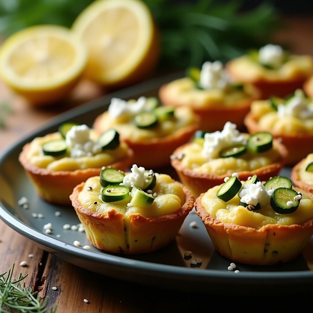 Tartaletas doradas de calabacín y queso feta sin masa, con base crujiente de almendra y relleno cremoso. Decoradas con eneldo fresco y rodajas de limón, sobre un plato de cerámica blanca con fondo rústico de madera. Receta griega baja en carbohidratos.