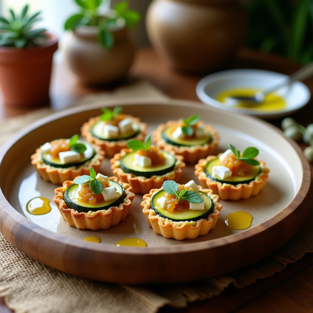 Tartaletas doradas con base de almendras y sésamo, rellenas de rodajas de calabacín y queso feta desmenuzado, coronadas con mermelada de higo brillante y perejil fresco. Plato de cocina griega en Thermomix, servido en bandeja rústica de madera.