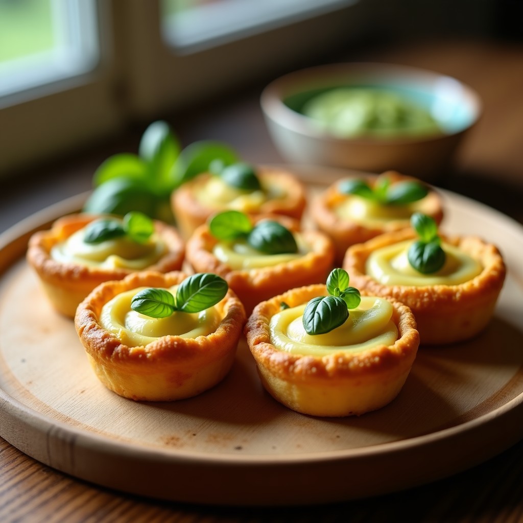 Tartaletas doradas y crujientes de calabacín y queso de macadamia en moldes individuales, servidas en una bandeja de madera con hierbas frescas de decoración. Receta keto en airfryer.