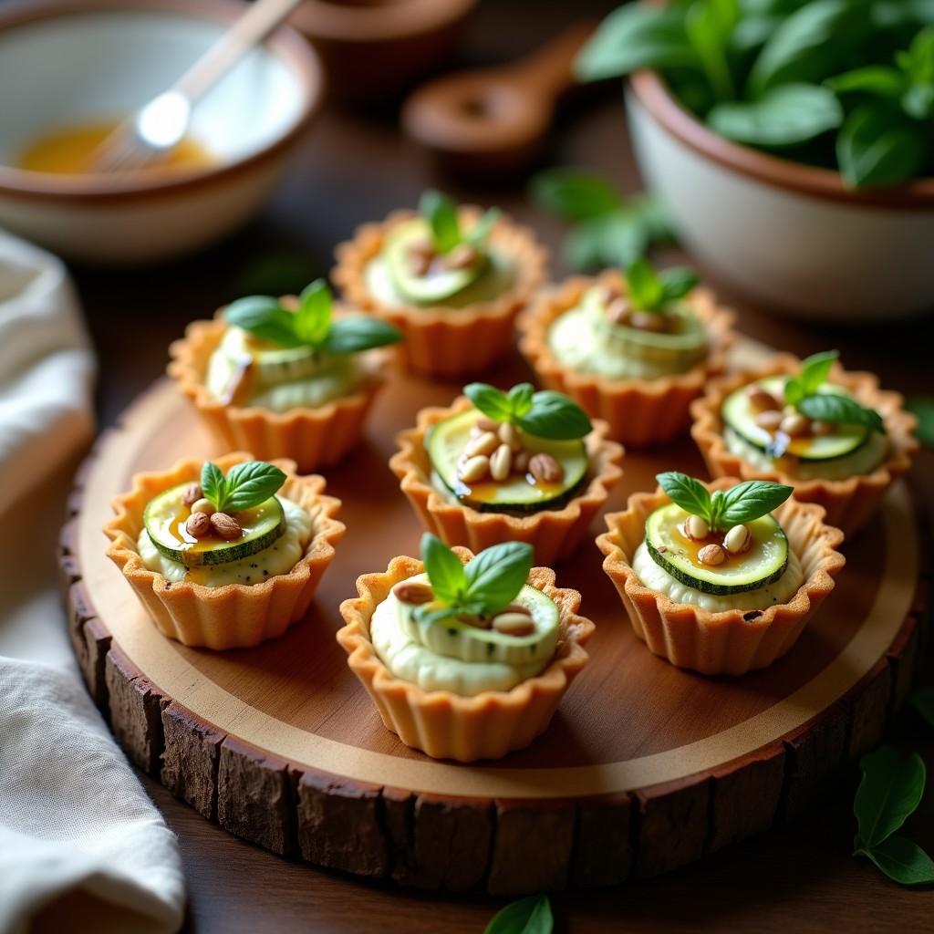 Tartaletas doradas sin gluten rellenas de ricotta cremosa, rodajas de calabacín asado y bañadas con reducción brillante de miel y romero, servidas en plato rústico de madera.