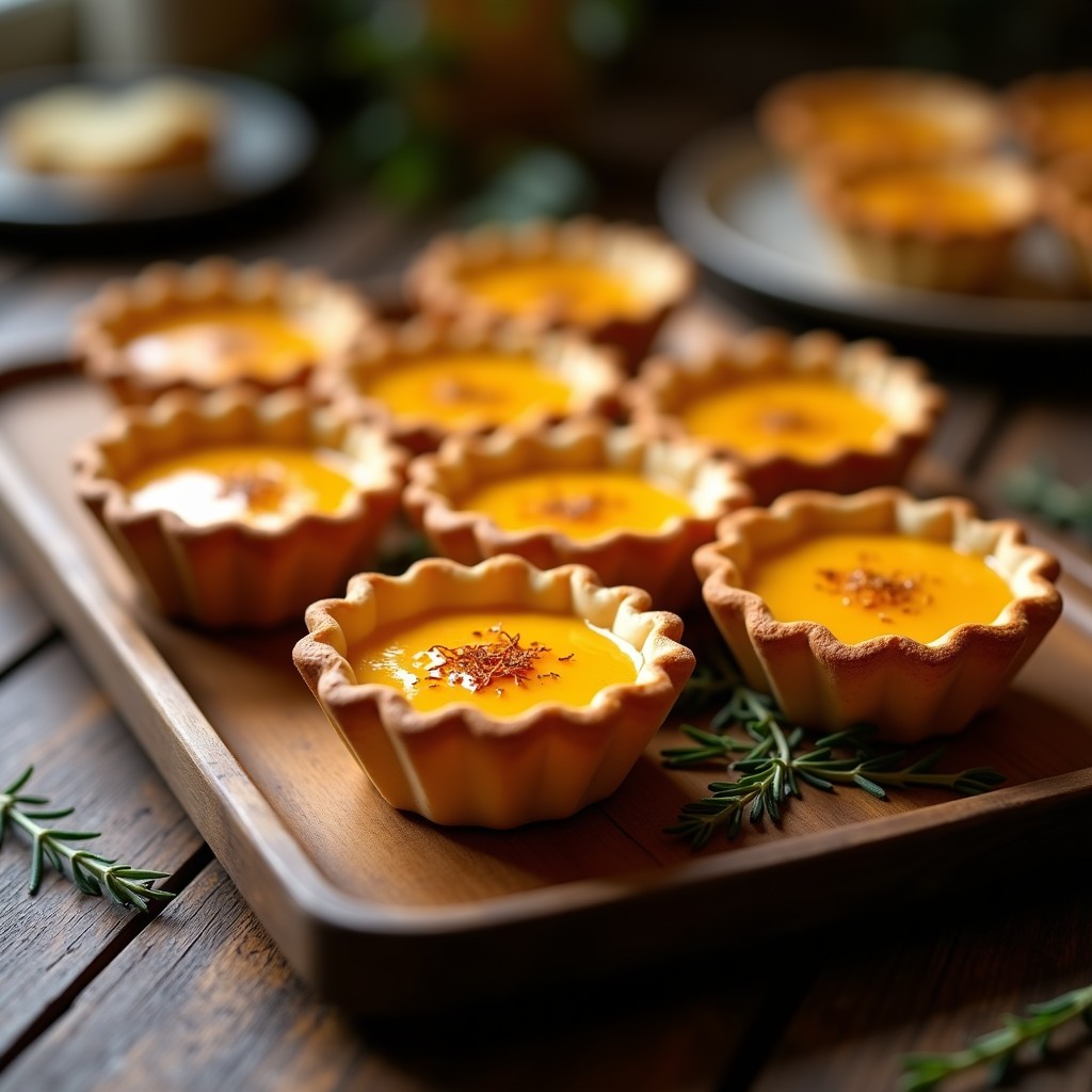 Tartaletas doradas en moldes individuales con relleno cremoso de calabaza y azafrán, servidas en bandeja de madera rústica con decoración de hebras de azafrán.