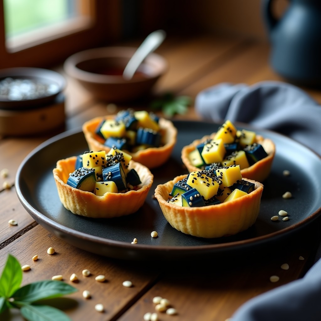 Tartaletas veganas de calabaza azul y tofu sedoso en molde redondo, con semillas de sésamo negro y algas nori, servidas en plato de cerámica negra con fondo de madera rústica.