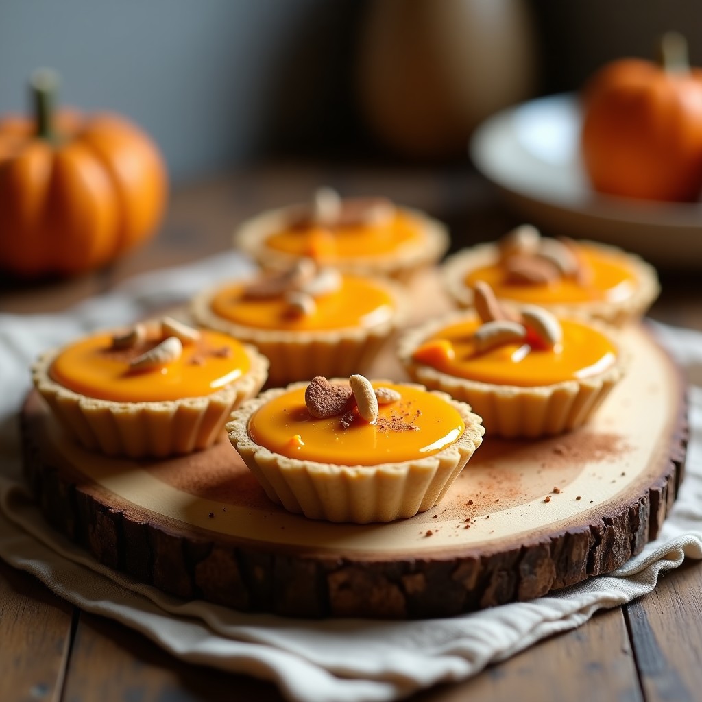 Tartaletas veganas sin horno de calabaza y queso de anacardos cremoso, servidas en moldes individuales con base de galletas y decoradas con canela en polvo y trocitos de anacardos.