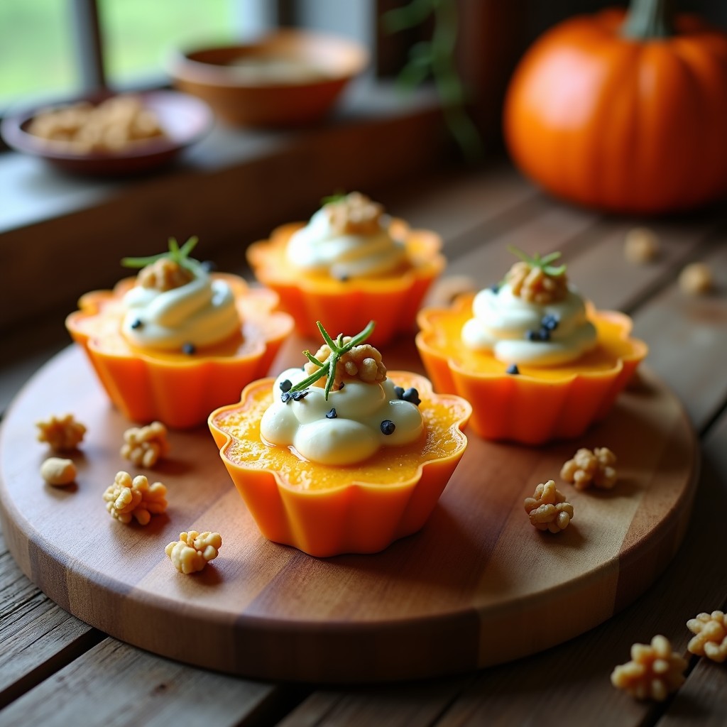 Tartaletas griegas en molde de silicona con base dorada de calabaza asada, rellenas de crema de queso azul desmenuzado, decoradas con nueces picadas y miel de tomillo, servidas sobre una tabla de madera rústica.