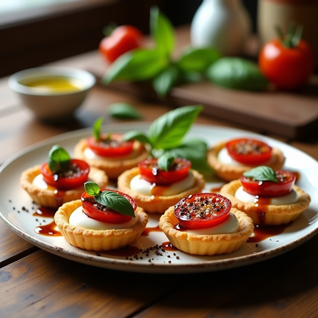Tartaletas Caprese con base de hojaldre dorado, rellenas de mozzarella fresca, tomate seco y albahaca, rociadas con aceite de oliva y vinagre balsámico.