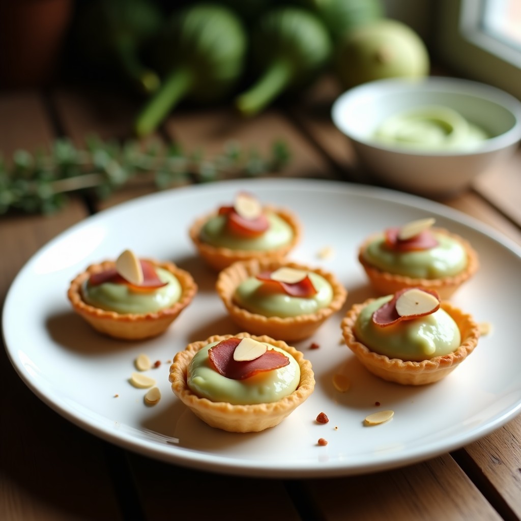 Tartaletas doradas de cevada rellenas de crema de alcachofas cremosa, decoradas con láminas de jamón serrano y almendras fileteadas tostadas, servidas en un plato de cerámica blanca sobre fondo rústico de madera. Receta española en airfryer.