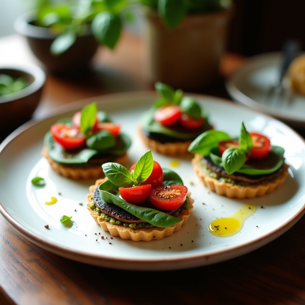 Tartaletas de Champiñones Portobello y Pesto de Albahaca: Receta Vegana Sin Horno en 15 Minutos