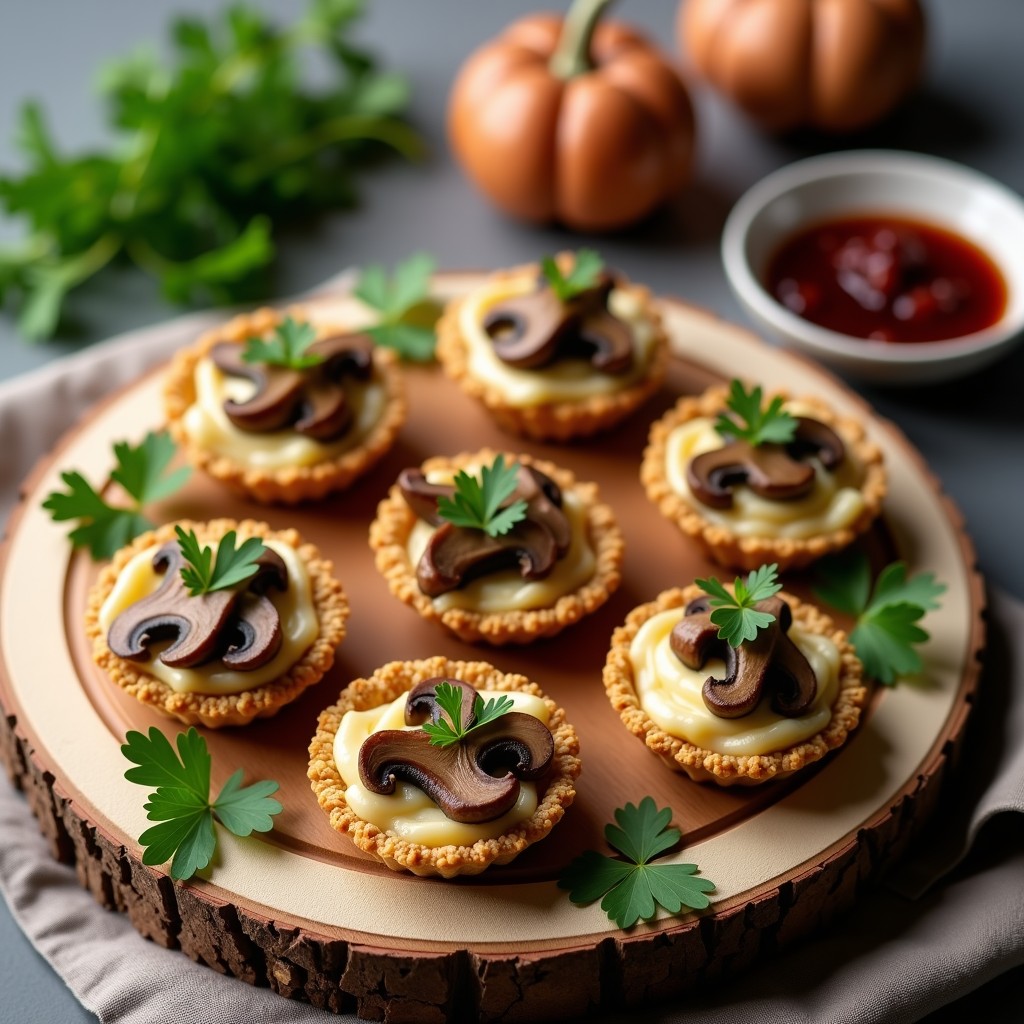Tartaletas de champiñones y queso de almendras sin lactosa, aperitivo gourmet con base crujiente de avena y sésamo, rellenas de champiñones portobello salteados y queso cremoso, decoradas con perejil fresco sobre un plato de madera rústico.