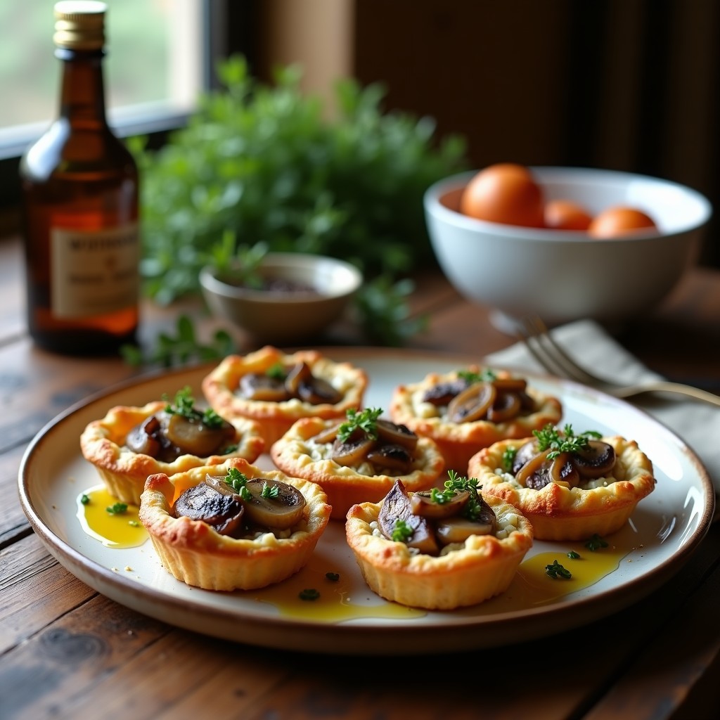 Tartaletas doradas de masa de almendra rellenas de champiñones portobello salteados con cebolla morada y queso de cabra, terminadas con un hilo de aceite de trufa negra sobre fondo rústico de madera.