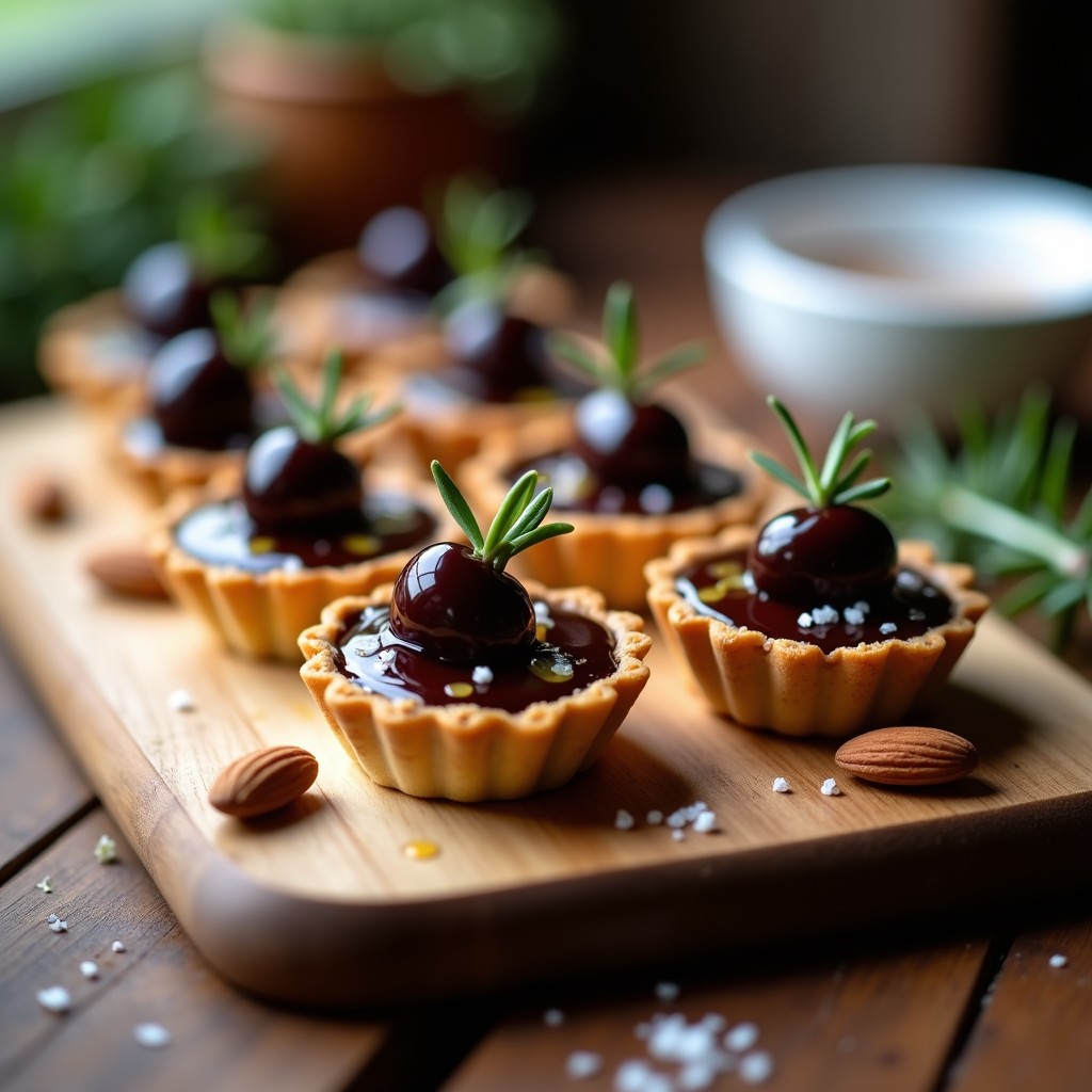 Tartaletas de chocolate negro con base de almendras y crema brillante, coronadas con aceitunas Kalamata caramelizadas en miel y sal marina en escamas, sobre un plato de cerámica blanca con fondo rústico de madera.