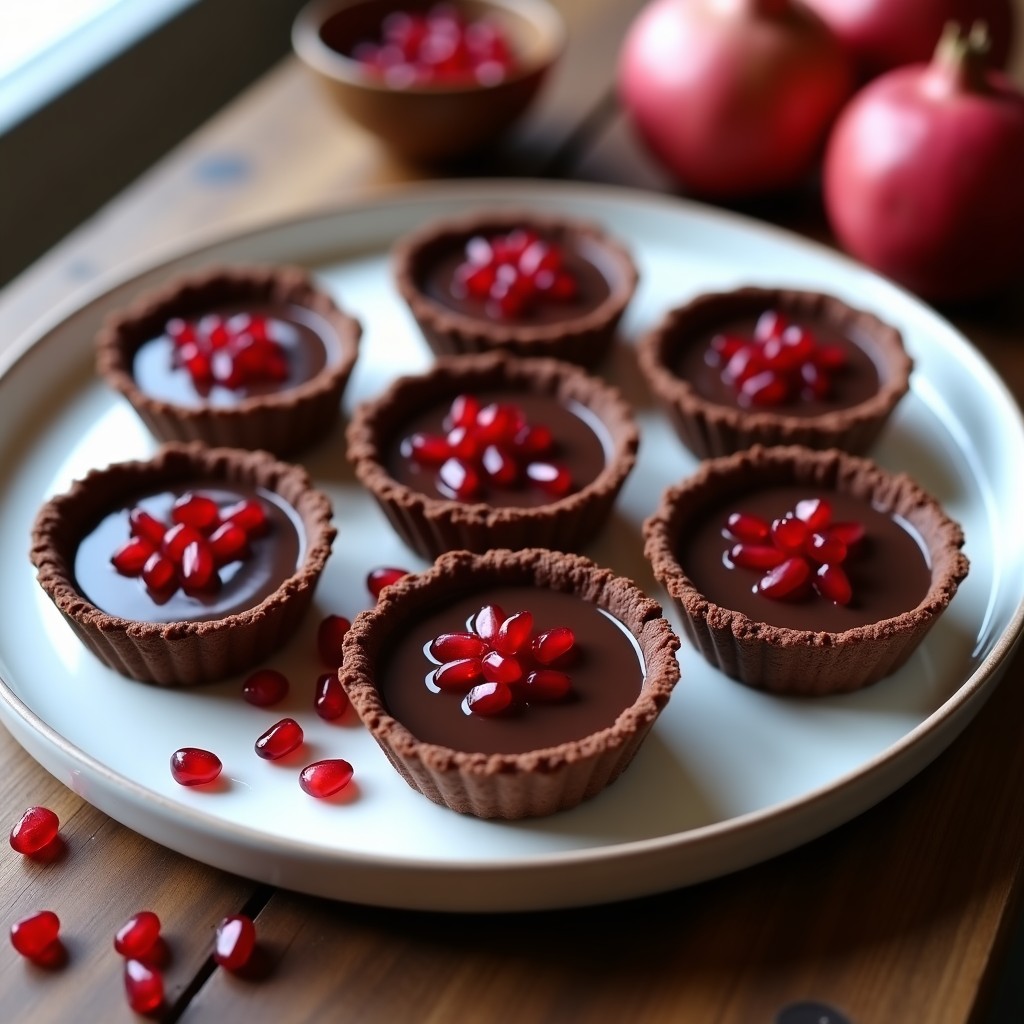 Tartaletas de chocolate negro 85% y aguacate con topping de granada en moldes de silicona, sobre una mesa de madera rústica con semillas de granada esparcidas.
