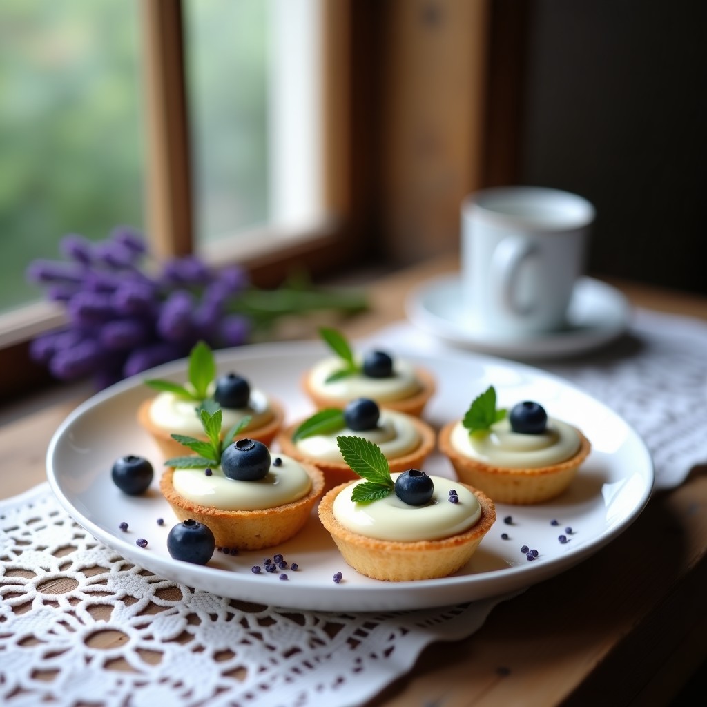 Tartaletas provenzales sin horno con base crujiente de almendras y coco, rellenas de crema sedosa de chocolate blanco y lavanda, decoradas con arándanos frescos y hojas de menta sobre un plato de porcelana blanca.