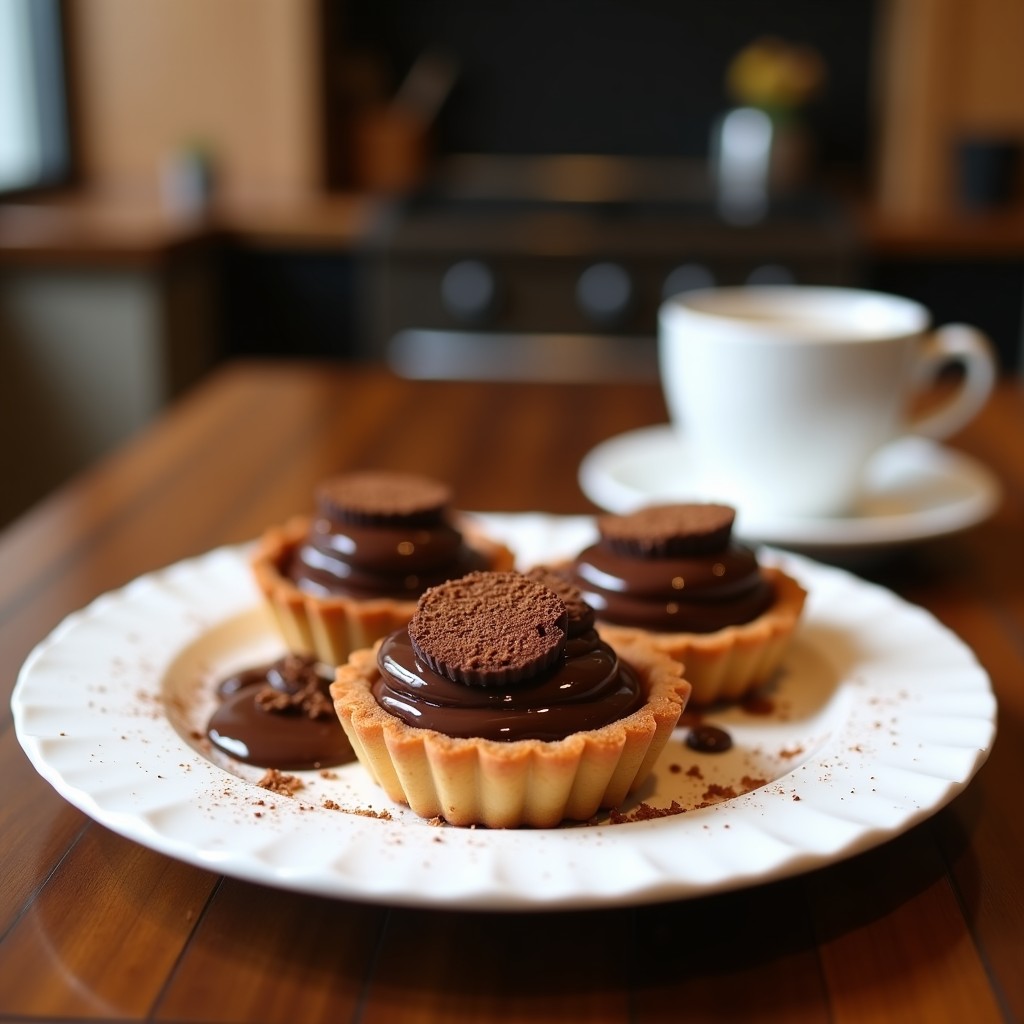 Tartaletas veganas sin horno y sin azúcar con base de almendras y coco, rellenas de crema de chocolate oscuro y decoradas con virutas de coco tostado sobre un plato blanco rústico.