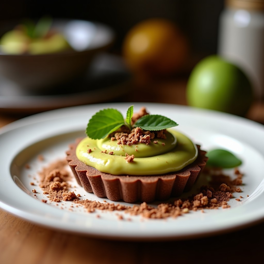 Tartaletas keto de chocolate y puré de aguacate con base de almendra, decoradas con cilantro fresco y especias mexicanas, sobre un plato de barro rústico.