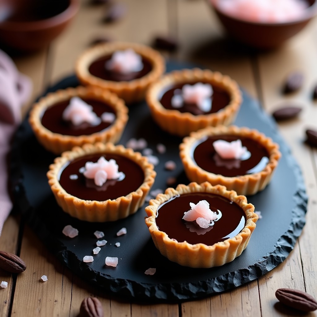 Seis tartaletas de chocolate 85% con sal de Himalaya en moldes de silicona, decoradas con almendras fileteadas y cacao en polvo, sobre una bandeja de madera rústica con virutas de chocolate y pizca de sal rosa.
