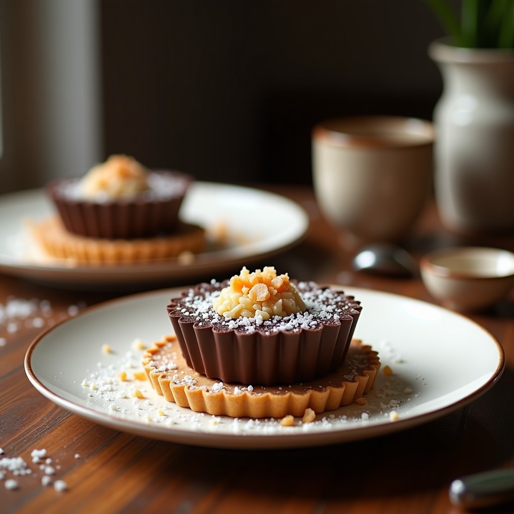 Tartaletas de chocolate negro 100% con sal de Himalaya, decoradas con almendras fileteadas y virutas de chocolate, sobre un plato de cerámica blanca con fondo oscuro.