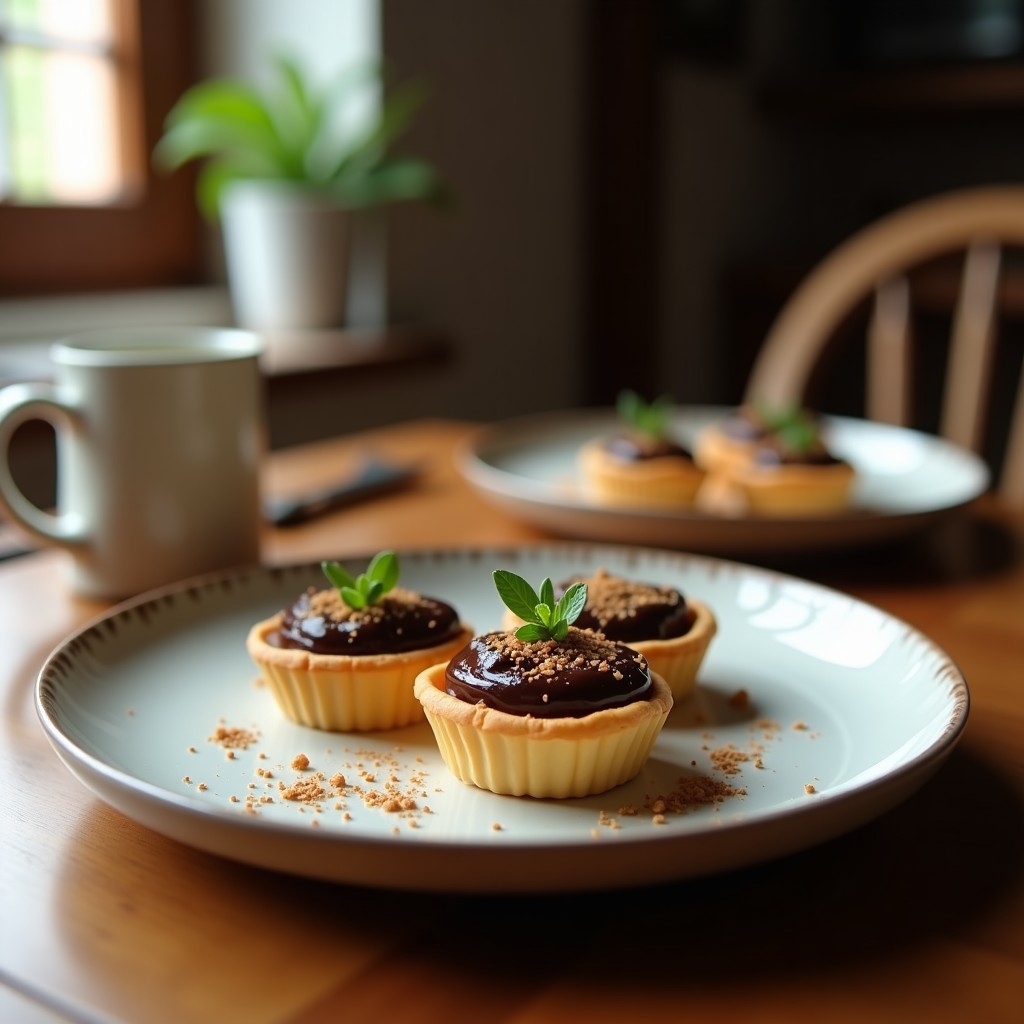 Tartaletas keto de chocolate negro con base dorada de almendra, rellenas de crema sedosa y decoradas con hojas de salvia frita crujiente. Postre elegante y sin azúcar con aroma herbáceo.