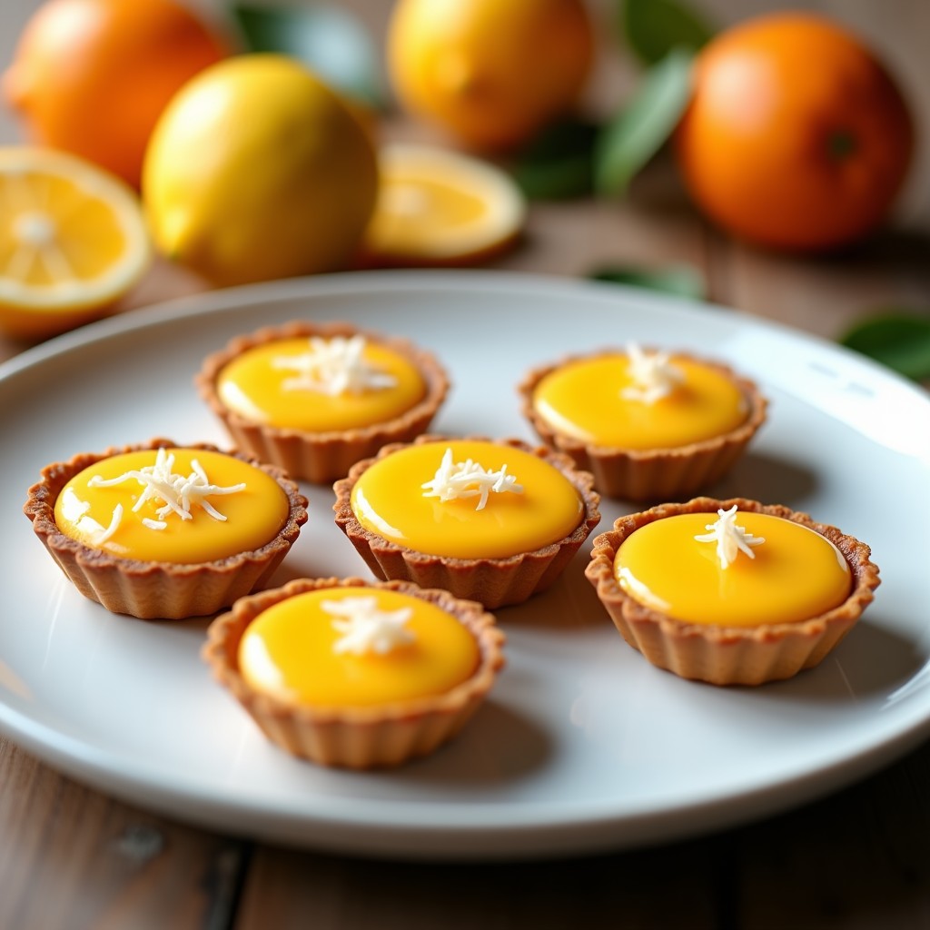 Tartaletas cítricas veganas de limón y naranja servidas en plato blanco, con base crujiente de almendras y relleno cremoso amarillo, decoradas con coco rallado y rodajas de limón.