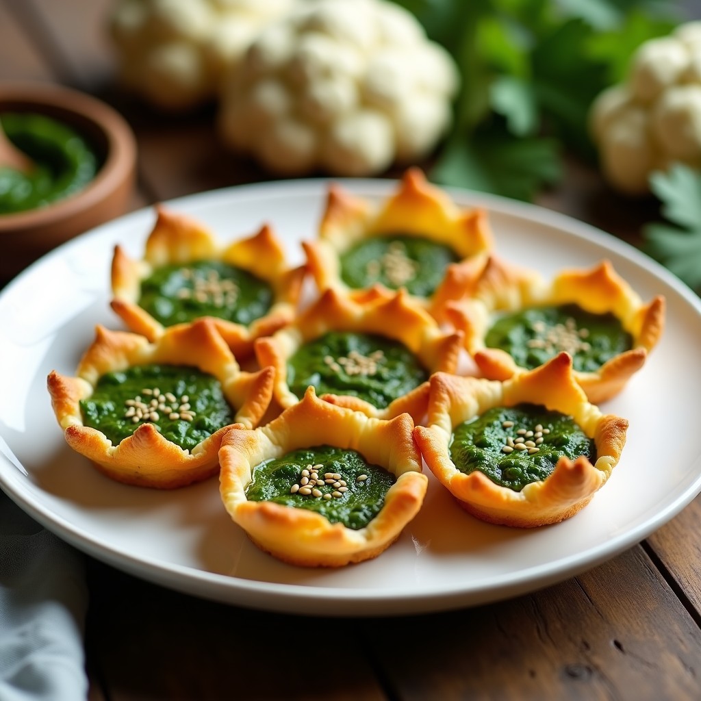 Tartaletas doradas y crujientes de coliflor rellenas de pesto verde de algas, decoradas con semillas de sésamo tostadas, servidas en plato blanco sobre fondo rústico. Receta vegana de aperitivo en airfryer.