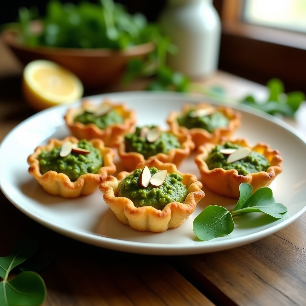 Tartaletas de coliflor asada dorada con pesto de rúcula verde intenso, decoradas con semillas de sésamo negro y hojas de rúcula fresca, servidas en moldes de silicona sobre una tabla de madera rústica.