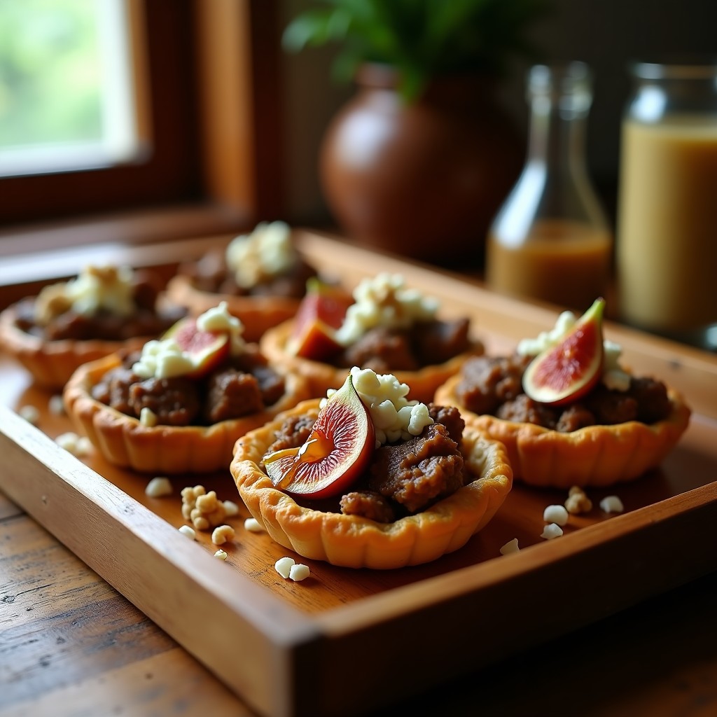 Tartaletas doradas de masa quebrada rellenas de trozos de cordero especiado y higos caramelizados, coronadas con queso de cabra desmenuzado y nueces picadas, servidas en una bandeja rústica.