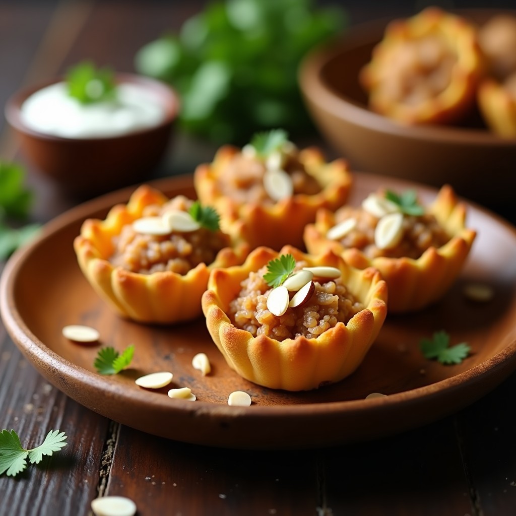 Tartaletas doradas de coxinha de frango desfiado con masa de yuca en airfryer, servidas en bandeja rústica con hierbas frescas y salsa de yogur, receta brasileña sin gluten.