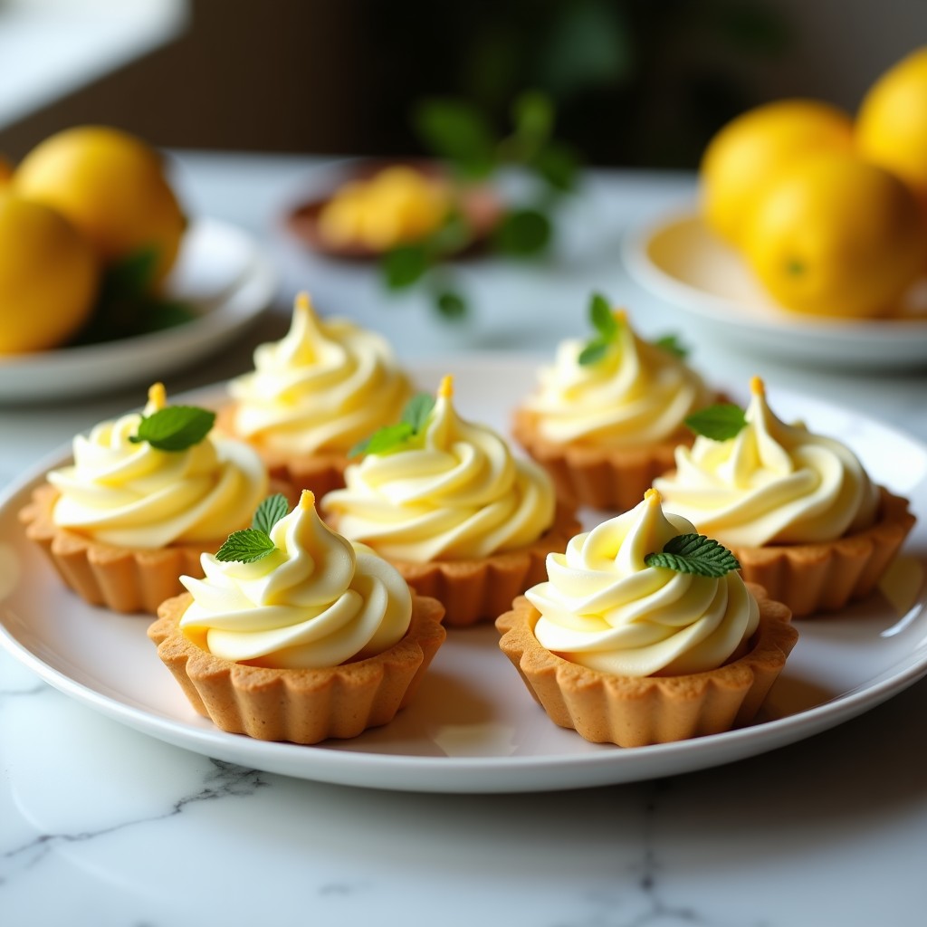 Tartaletas individuales con base de galleta dorada, rellenas de crema de limón amarilla brillante y coronadas con merengue italiano blanco en forma de roseta, ligeramente dorado en las puntas.