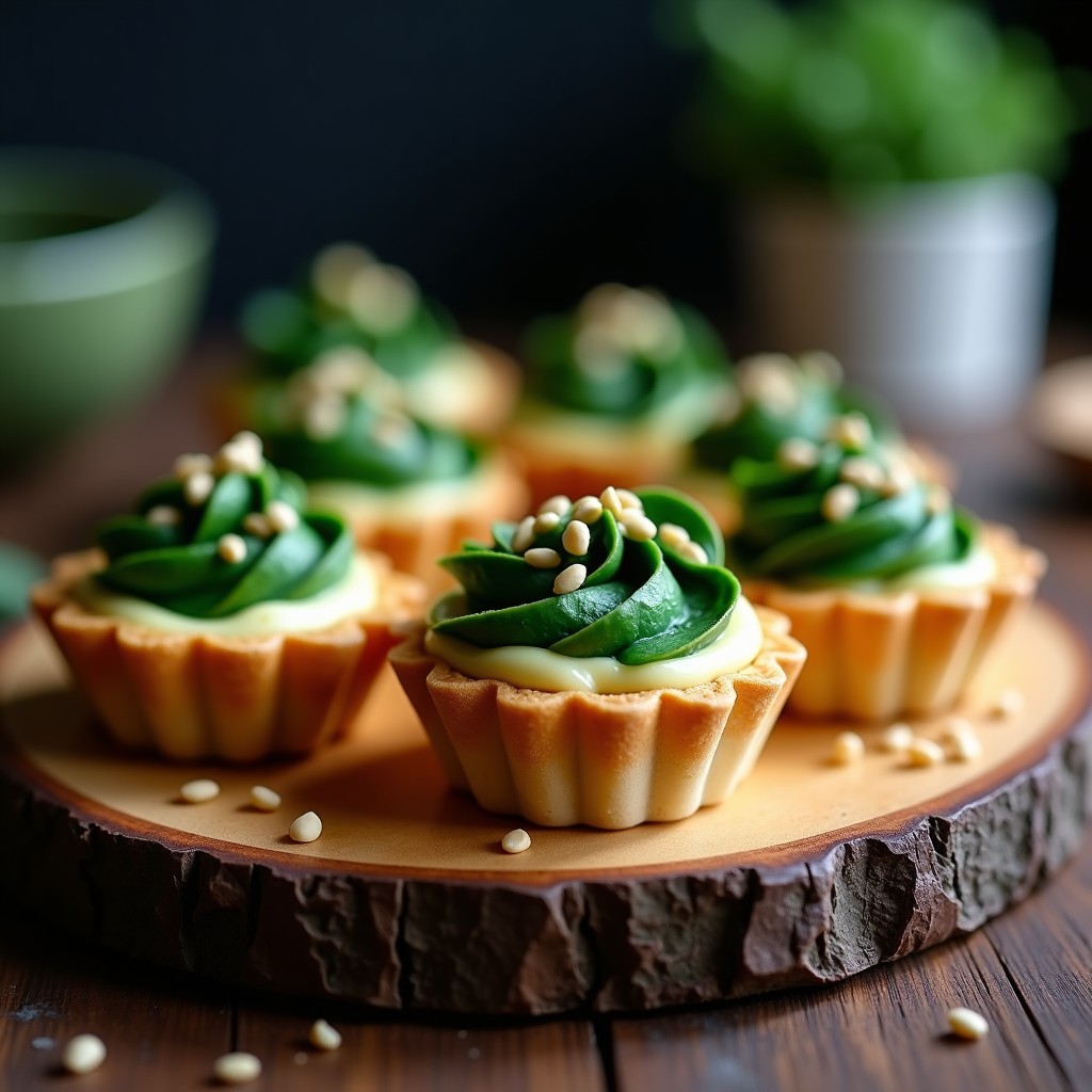 Tartaletas doradas de crusca de arroz rellenas de crema de anacardos blanca y espinacas verdes salteadas, decoradas con semillas de sésamo tostadas. Postre salado vegano en airfryer con textura crujiente y cremosa.