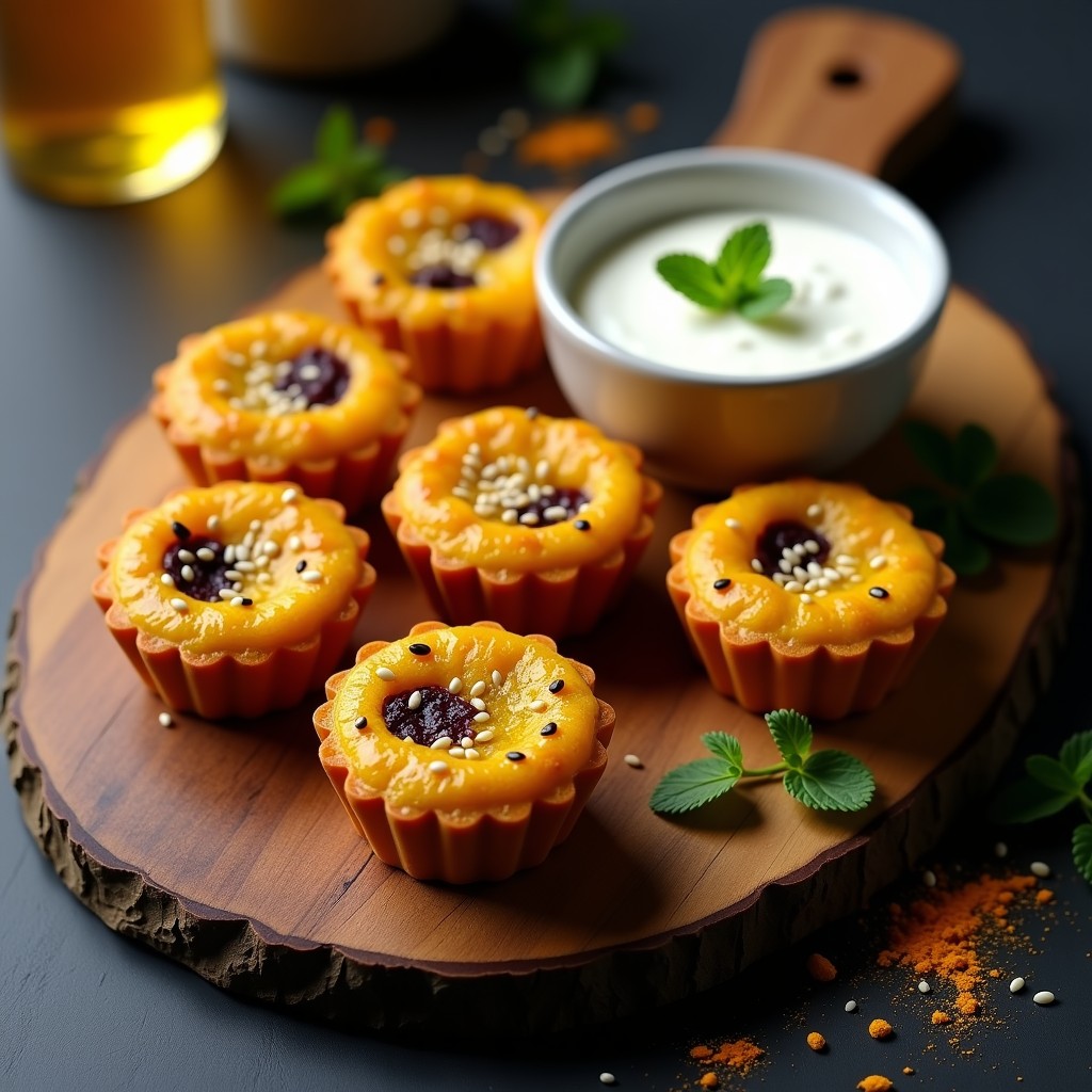 Tartaletas doradas de cúrcuma y arroz negro en moldes de silicona, con semillas de sésamo visibles, servidas en una bandeja rústica de madera con dip de yogur al lado, receta airfryer.