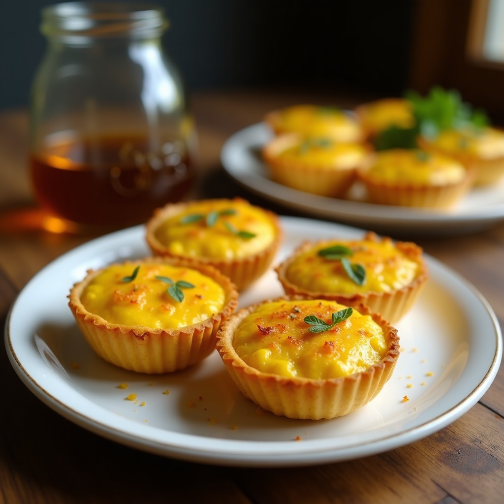 Tartaletas doradas de cúrcuma y coco servidas en plato blanco rústico, con detalles de coco rallado por encima y fondo borroso de hojas verdes.