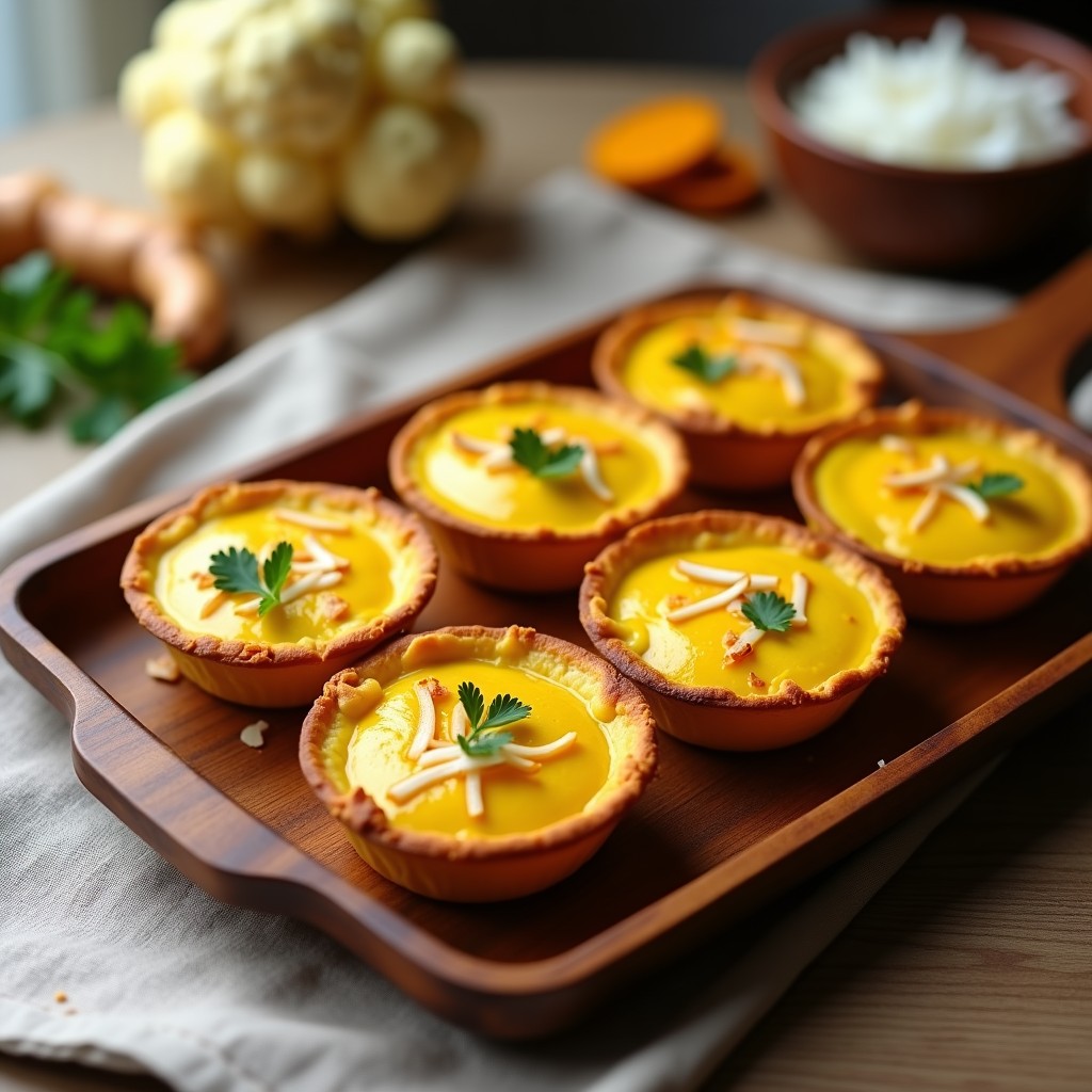 Tartaletas doradas de cúrcuma y coliflor sobre una bandeja de madera rústica, con decoración de perejil fresco y virutas de coco, receta antiinflamatoria sin gluten.