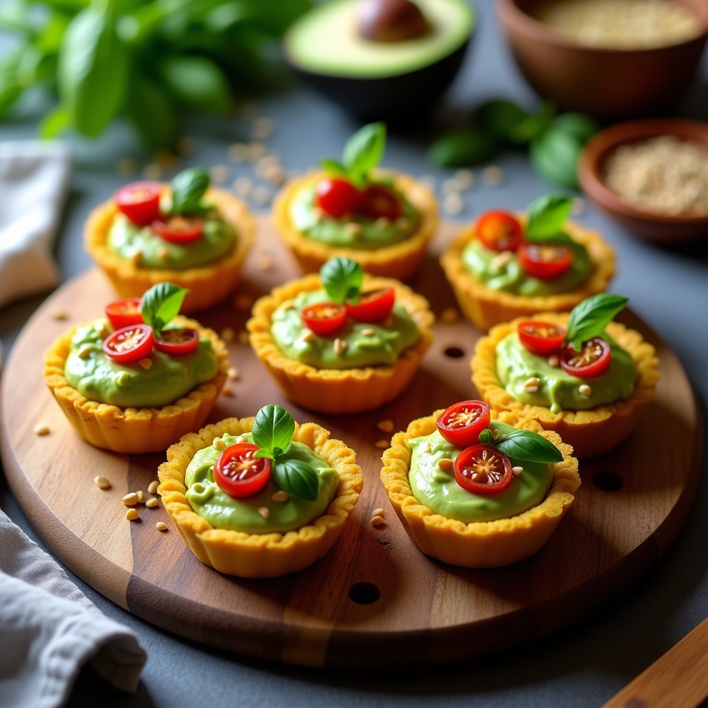 Tartaletas doradas de base de cúrcuma con crema verde de aguacate, decoradas con tomates secos en tiras, semillas de sésamo y hojas de albahaca fresca. Aperitivo antiinflamatorio vegano y sin gluten sobre un plato de madera rústica.