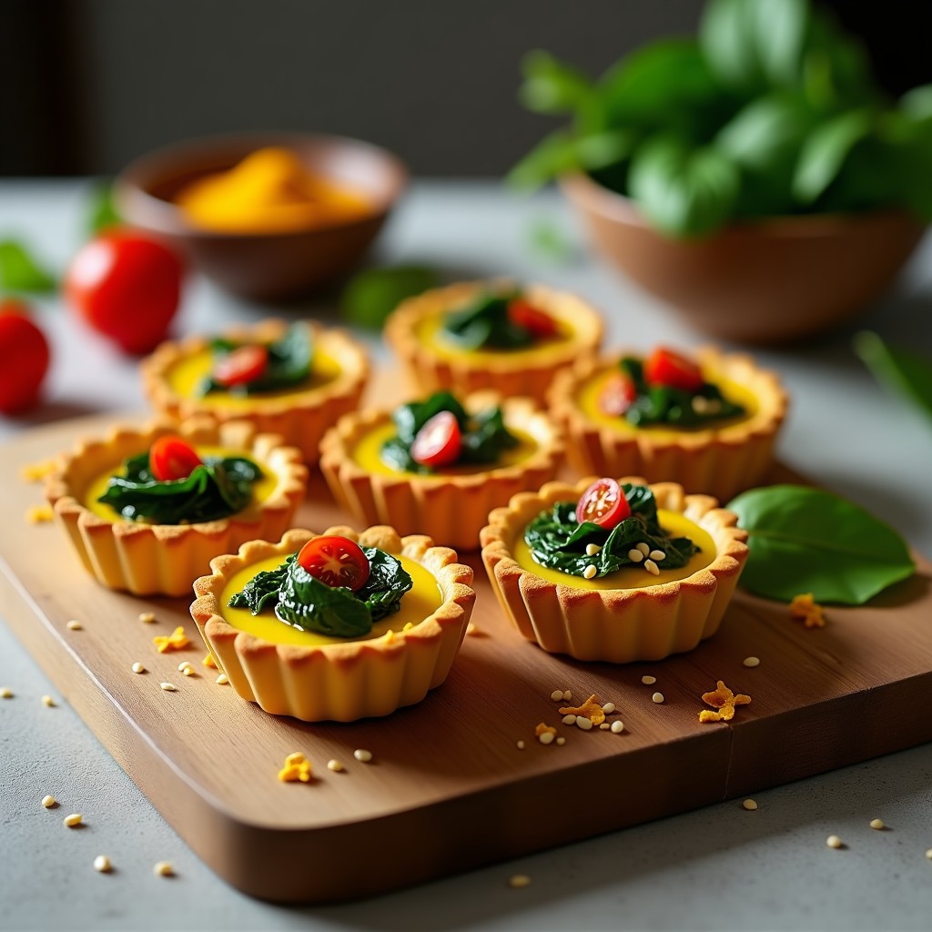 Tartaletas veganas de cúrcuma y espinacas en moldes dorados, con crema de anacardos, espinacas salteadas, tomates cherry y semillas de sésamo tostadas.