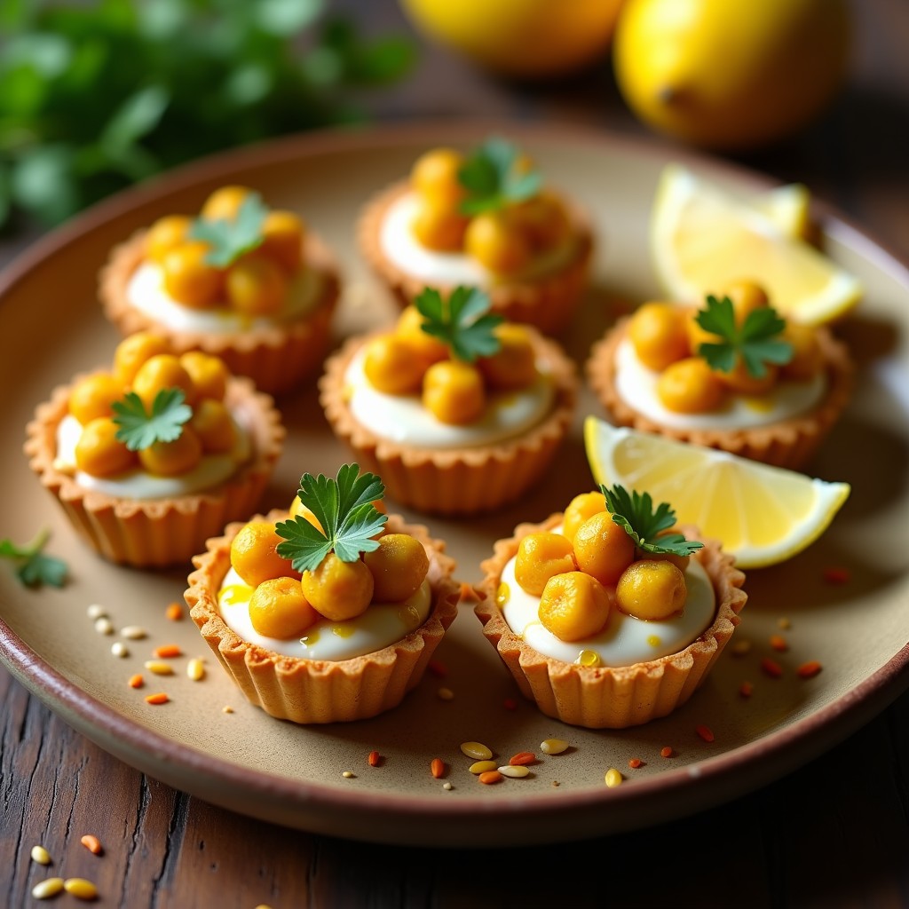 Tartaletas doradas de cúrcuma y garbanzos con relleno cremoso de yogur de soja, decoradas con semillas de sésamo y cilantro fresco. Plato apto para aperitivo indio vegano y antiinflamatorio.