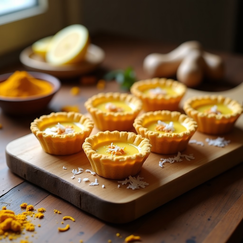 Tartaletas doradas de cúrcuma y jengibre con relleno cremoso de anacardos, decoradas con coco rallado y un hilo de sirope de agave sobre fondo rústico de madera. Postre antiinflamatorio sin gluten.