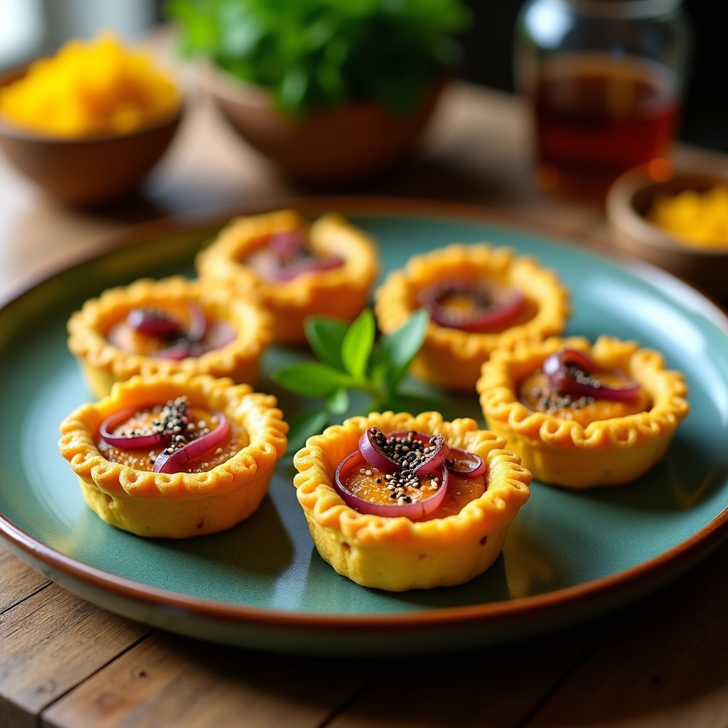 Tartaletas doradas de cúrcuma rellenas de tofu ahumado en molde de airfryer, espolvoreadas con semillas de sésamo y acompañadas de cebolla morada.