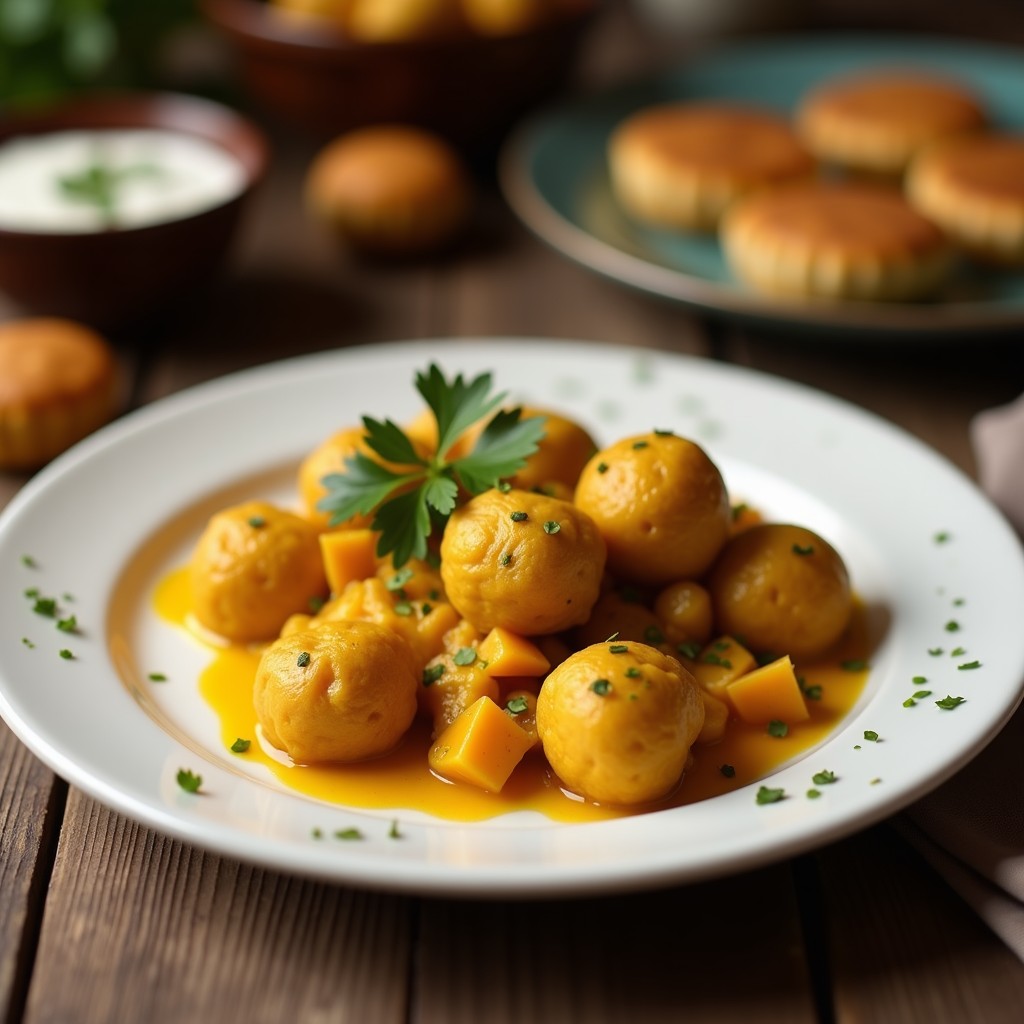 Tartaletas veganas doradas de curry y coco en plato blanco, con relleno de verduras coloridas y semillas de sésamo negro, servidas sobre fondo rústico de madera.
