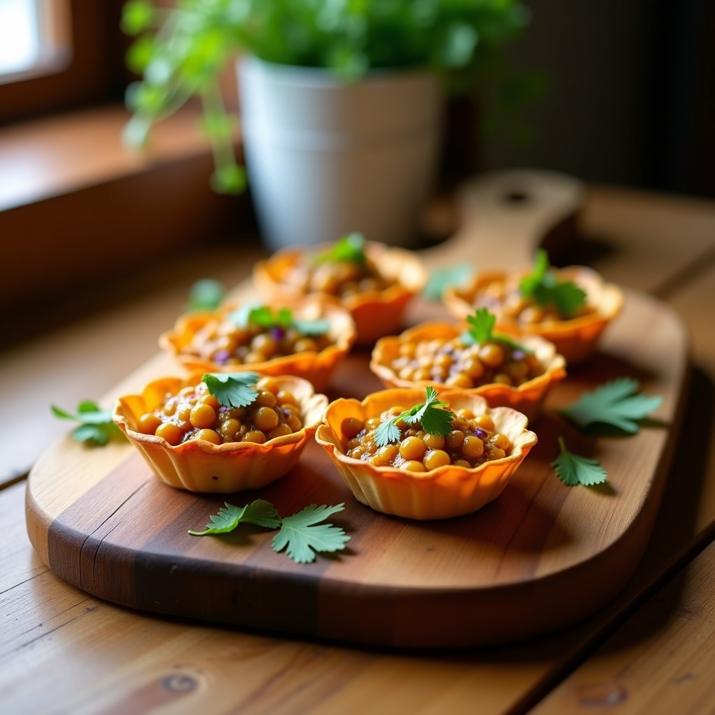 Tartaletas doradas de harina de garbanzo rellenas de lentejas rojas al curry madrás, decoradas con cilantro fresco, servidas en bandeja de madera sobre fondo rústico.