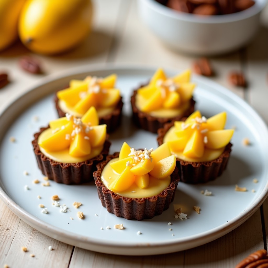 Tartaletas veganas sin horno con base dorada de dátiles y pecanas, rellenas de crema suave de mango de color amarillo vibrante, decoradas con rodajas de mango y trocitos de pecana. Plato blanco sobre fondo rústico de madera con hojas de menta fresca.