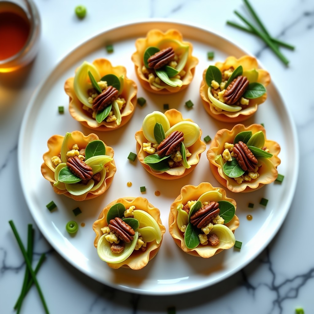 Tartaletas elegantes de masa filo crujiente rellenas de endivias belgas en tiras, nueces pecanas tostadas y queso vegano de anacardos, bañadas con vinagreta de miel de brezo y mostaza de Dijon, decoradas con cebollino fresco y hojas de endivia. Entrante belga gourmet sobre fondo de mármol blanco.