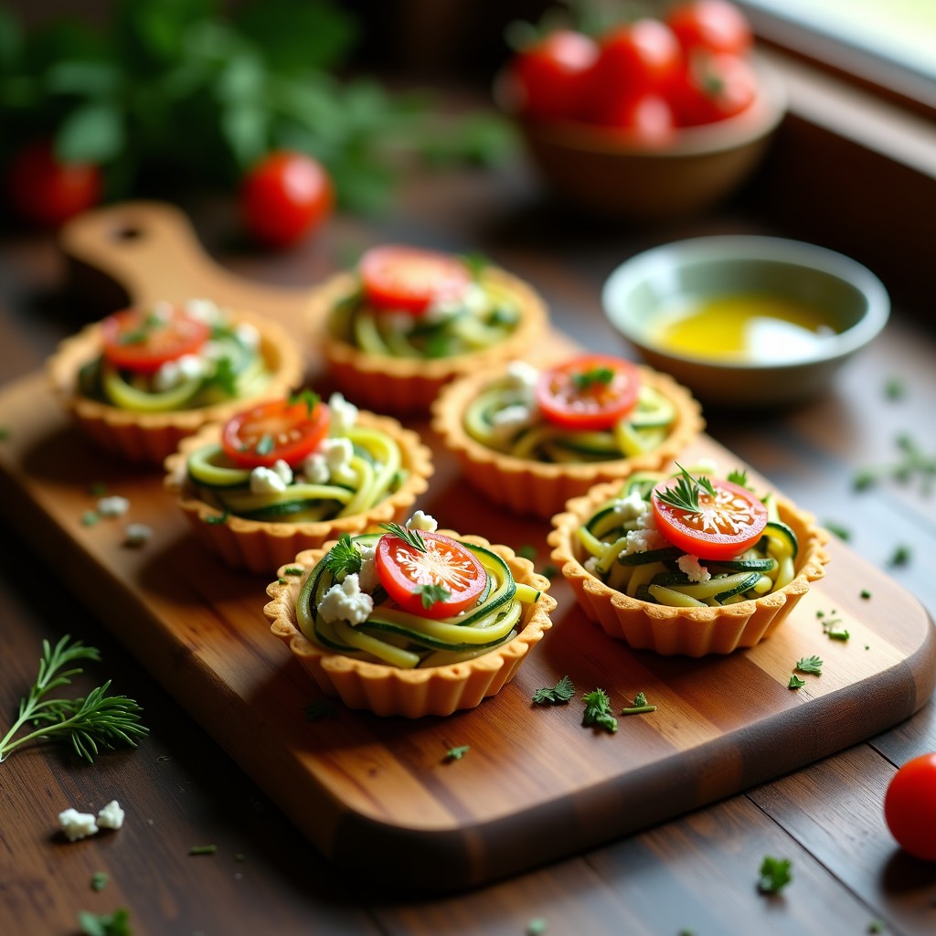 Tartaletas doradas en molde individual con espagueti de calabacín, queso de cabra desmenuzado y tomates cherry, servidas sobre una tabla de madera rústica con hierbas frescas y un hilo de vinagre balsámico.