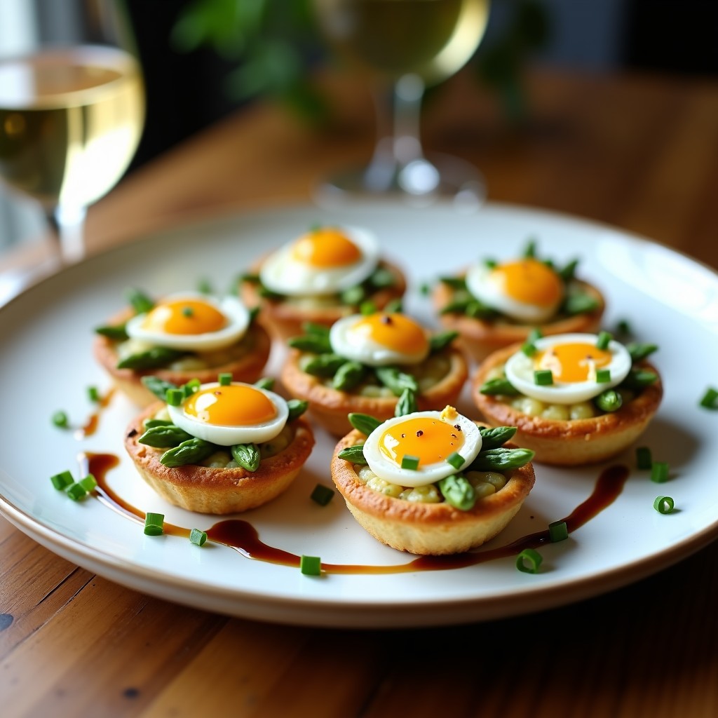 Tartaletas de espárragos trigueros y huevos de codorniz en bandeja de madera, con masa brisa dorada, espárragos verdes salteados y huevos pochados con yema líquida, decoradas con perejil fresco y virutas de parmesano.