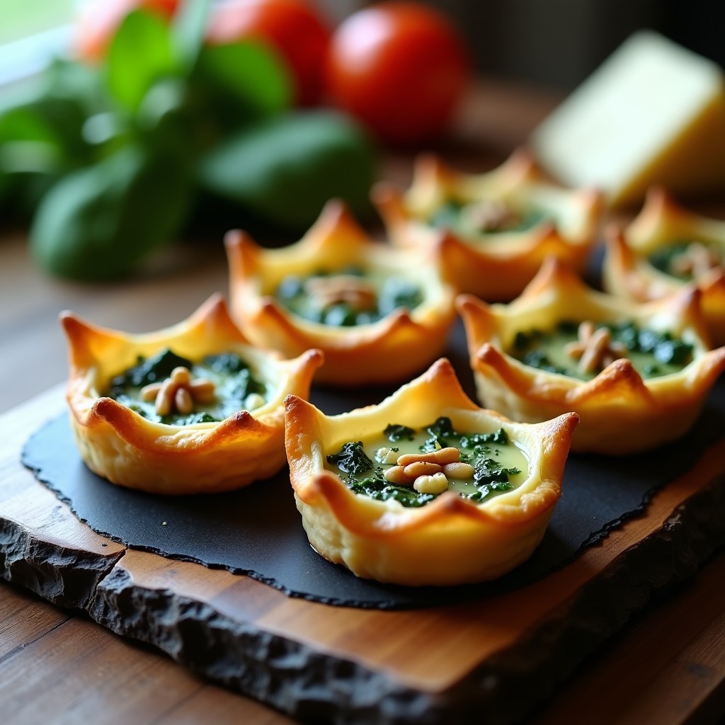 Tartaletas doradas y crujientes de masa filo rellenas de espinaca y gorgonzola, con nueces picadas y un toque de pimienta negra, servidas en una bandeja rústica de madera.