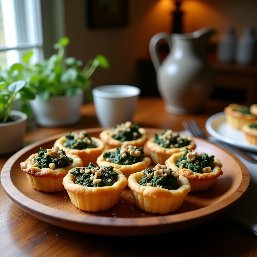 Tartaletas veganas de espinaca y hongos con masa dorada de garbanzos, rellenas de espinacas salteadas y hongos portobello, decoradas con nueces picadas y levadura nutricional sobre un plato de madera rústico.