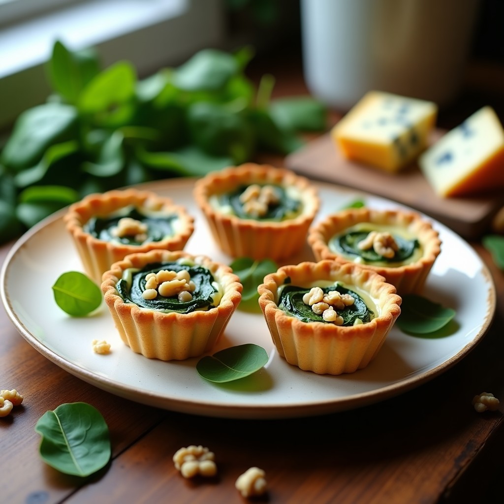 Tartaletas de espinaca y queso azul en moldes dorados, con base crujiente de galleta y relleno cremoso verde y azulado, decoradas con nueces picadas.