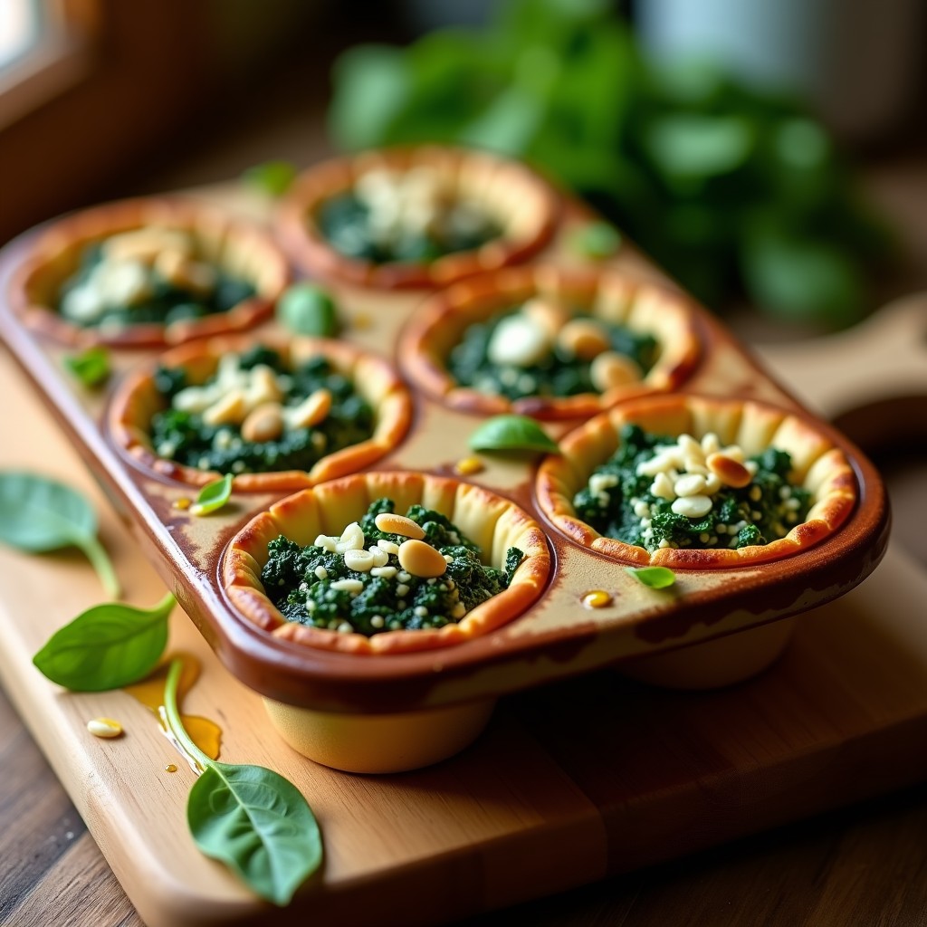Tartaletas doradas en molde de horno con relleno verde de espinacas y queso de cabra desmenuzado, decoradas con piñones tostados. Receta de tartaletas de espinaca y queso de cabra al horno sin gluten.