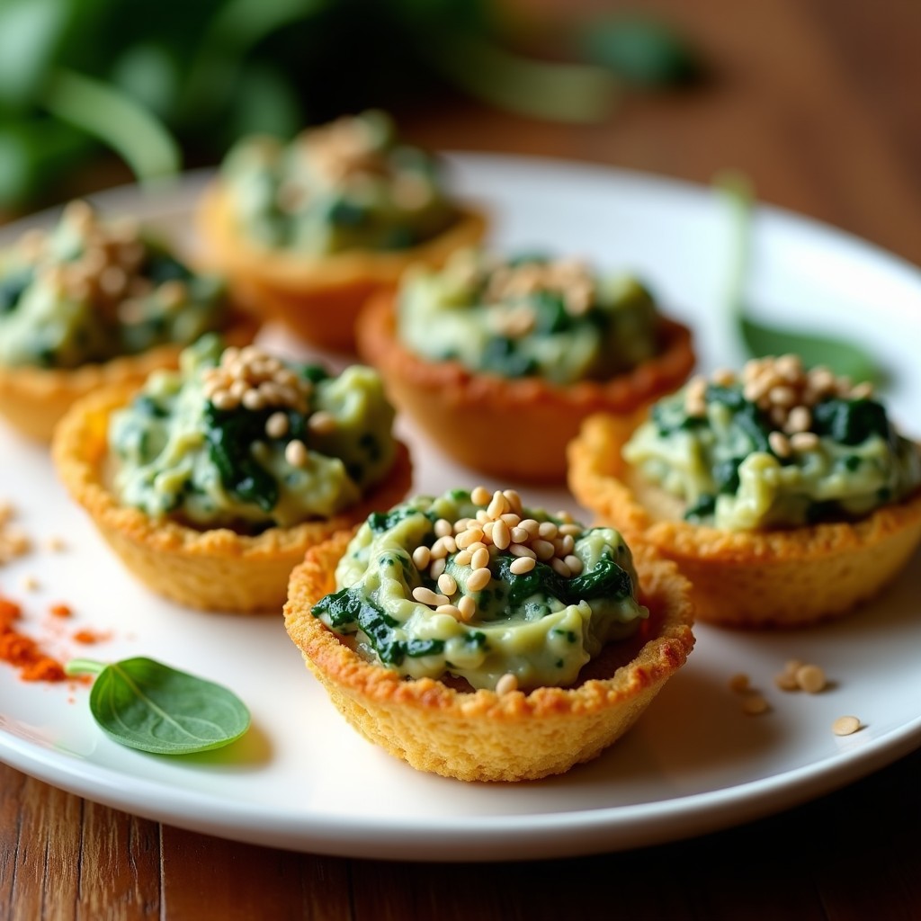 Tartaletas doradas de quinoa rellenas de espinacas y tofu sedoso, con semillas de sésamo por encima, servidas en plato de cerámica blanca sobre fondo rústico.
