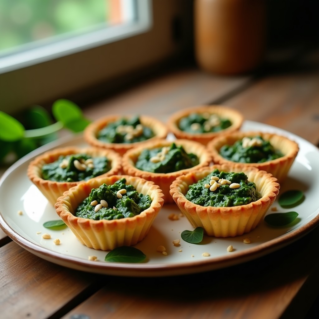 Tartaletas veganas de espinaca y tofu ahumado en moldes individuales, con masa dorada y relleno cremoso espolvoreado con anacardos, receta Thermomix.
